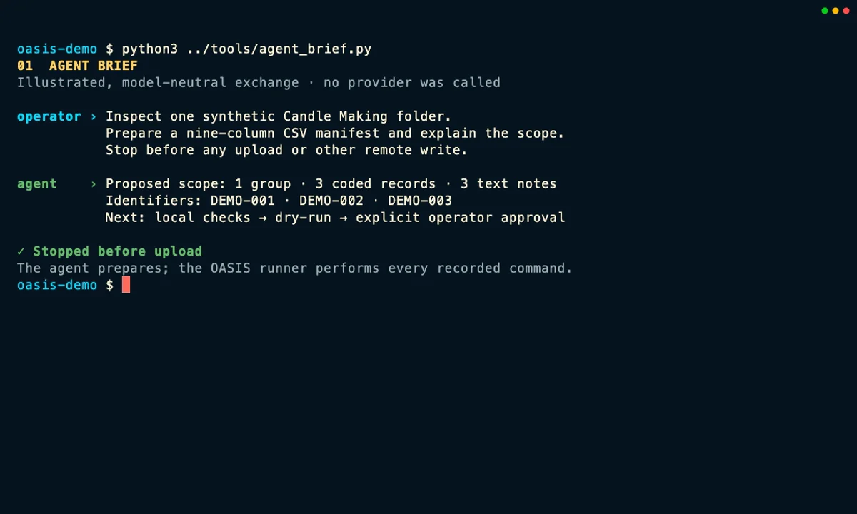 Illustrated model-neutral agent exchange proposing a three-record Elephant import and stopping before any upload.